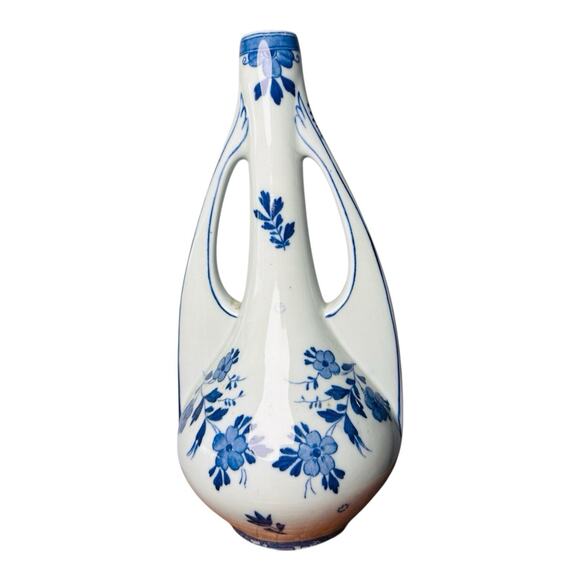 Delft Blue Pilgrim Flask Vase Loop Handle Seascape Medallion Dutch Boat, 11” H - Picture 7 of 7